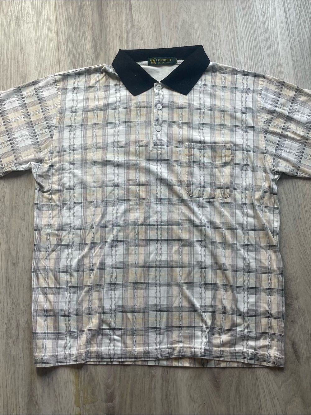 Vintage Beige Plaid Polo with Black Collar